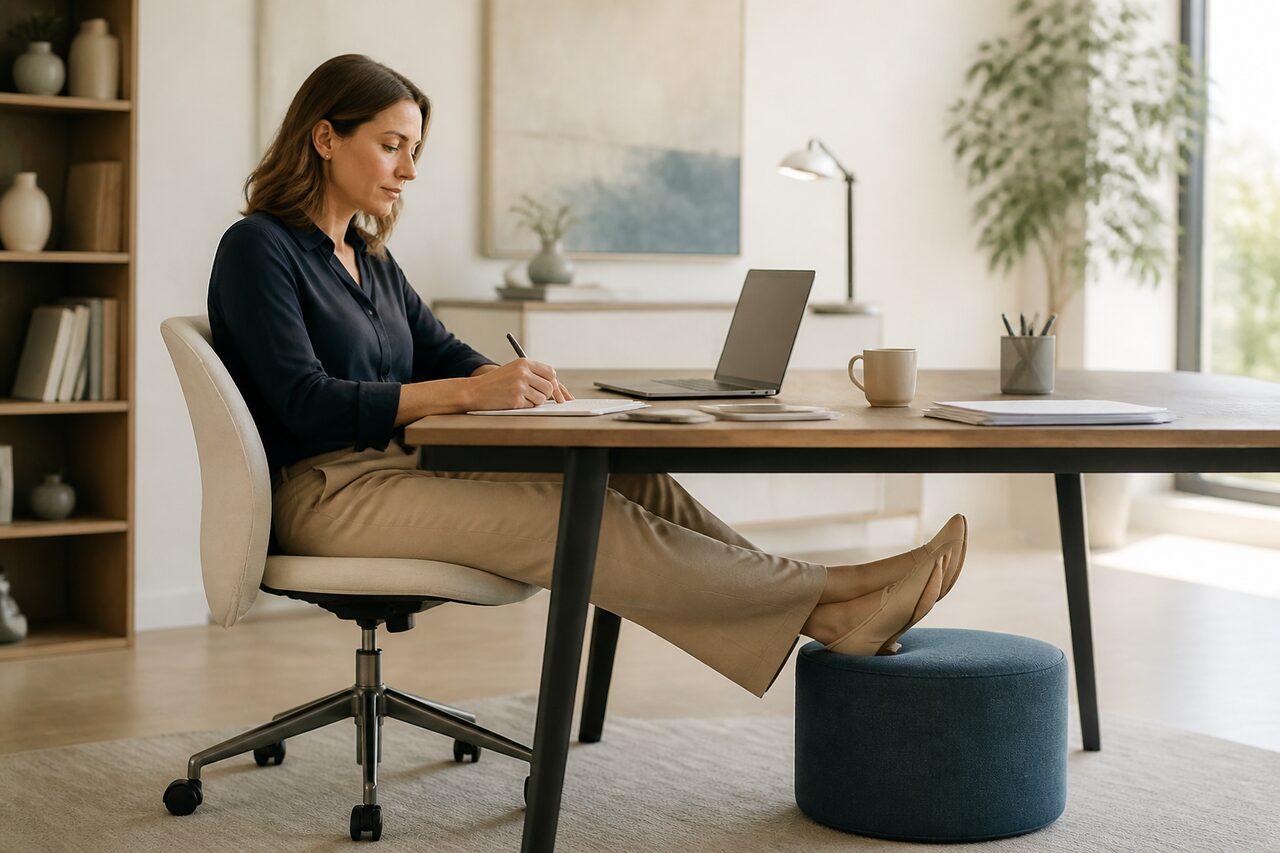 Personne travaillant à un bureau lumineux, la jambe étendue et posée sur un repose-pied