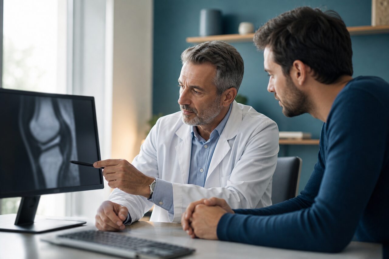 Médecin et patient assis côte à côte devant un écran affichant une imagerie du genou
