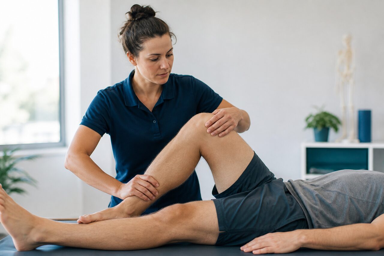 Kinésithérapeute réalisant un test manuel de stabilité du genou sur un patient allongé