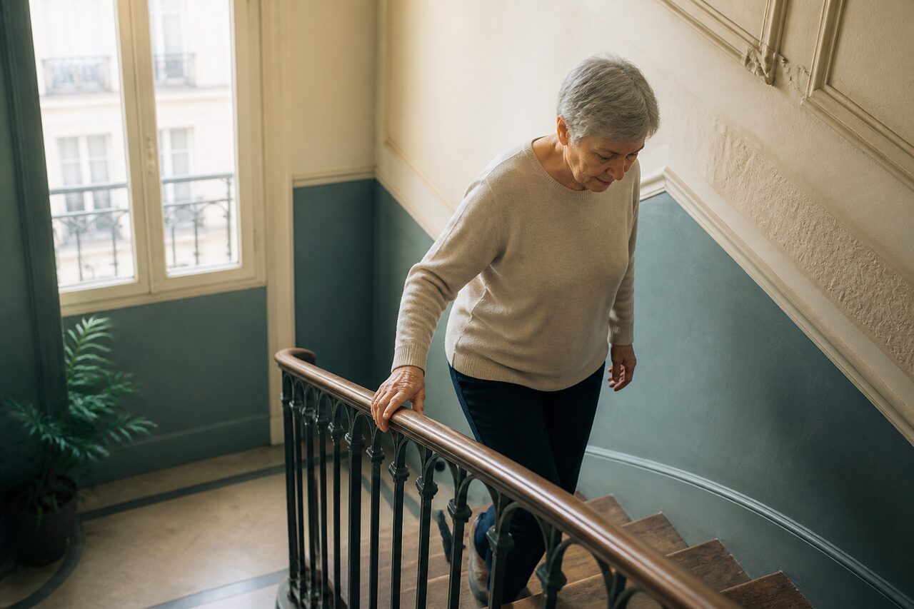 Personne descendant prudemment un escalier d'immeuble, une main sur la rampe