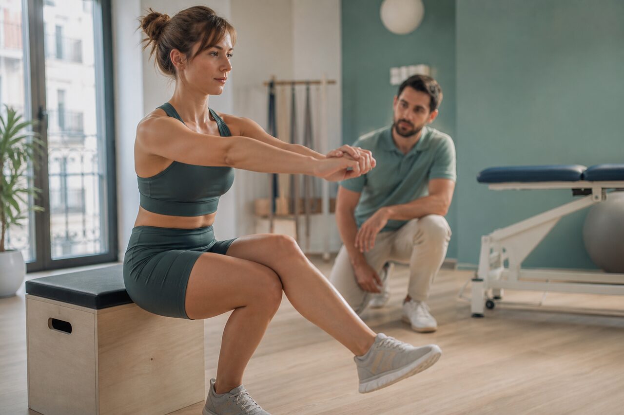 Une patiente realise un exercice de renforcement du genou accompagnee par un kinesitherapeute en cabinet