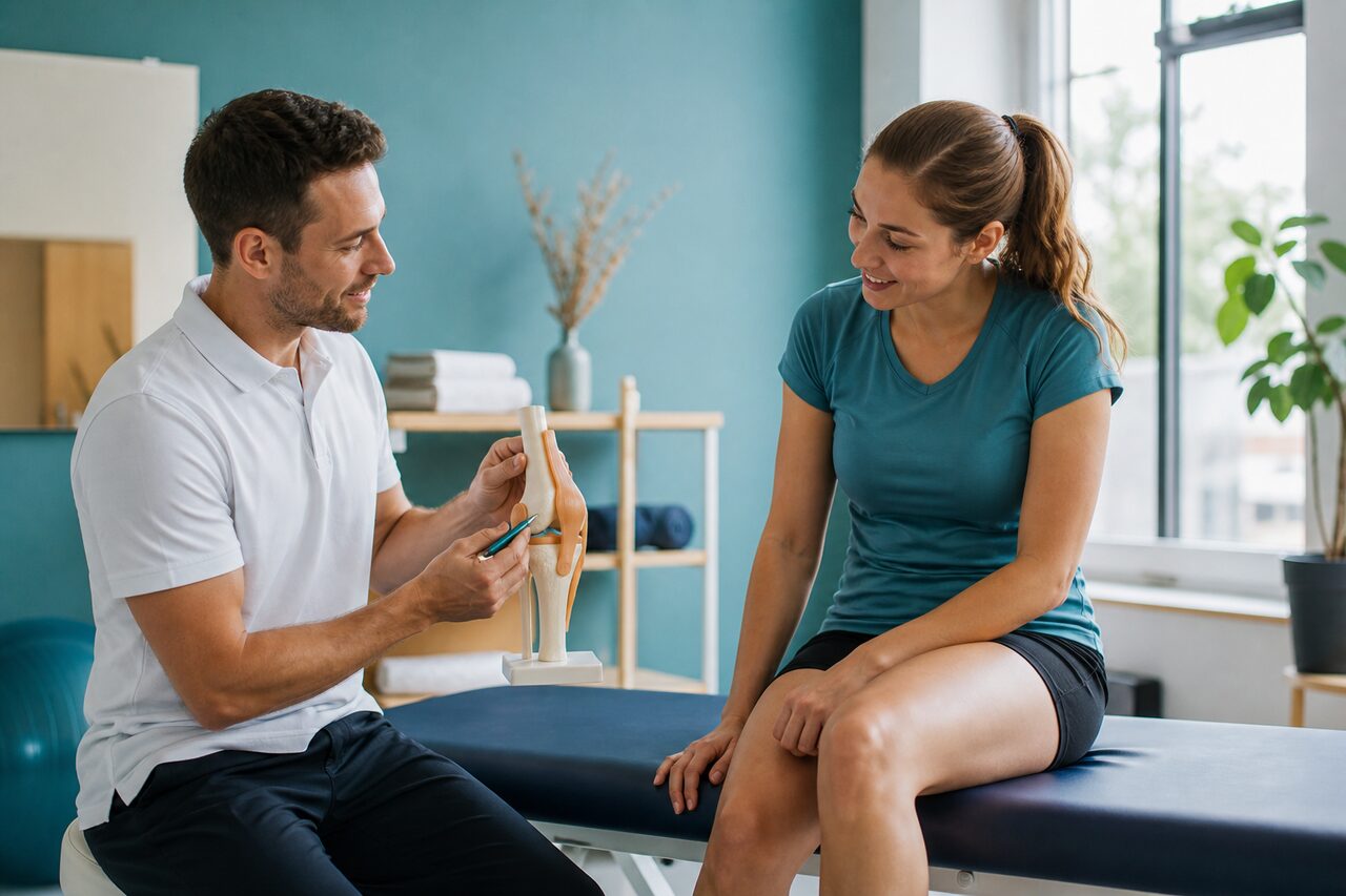 Un kinesitherapeute explique un exercice de genou a une patiente assise sur une table de soin