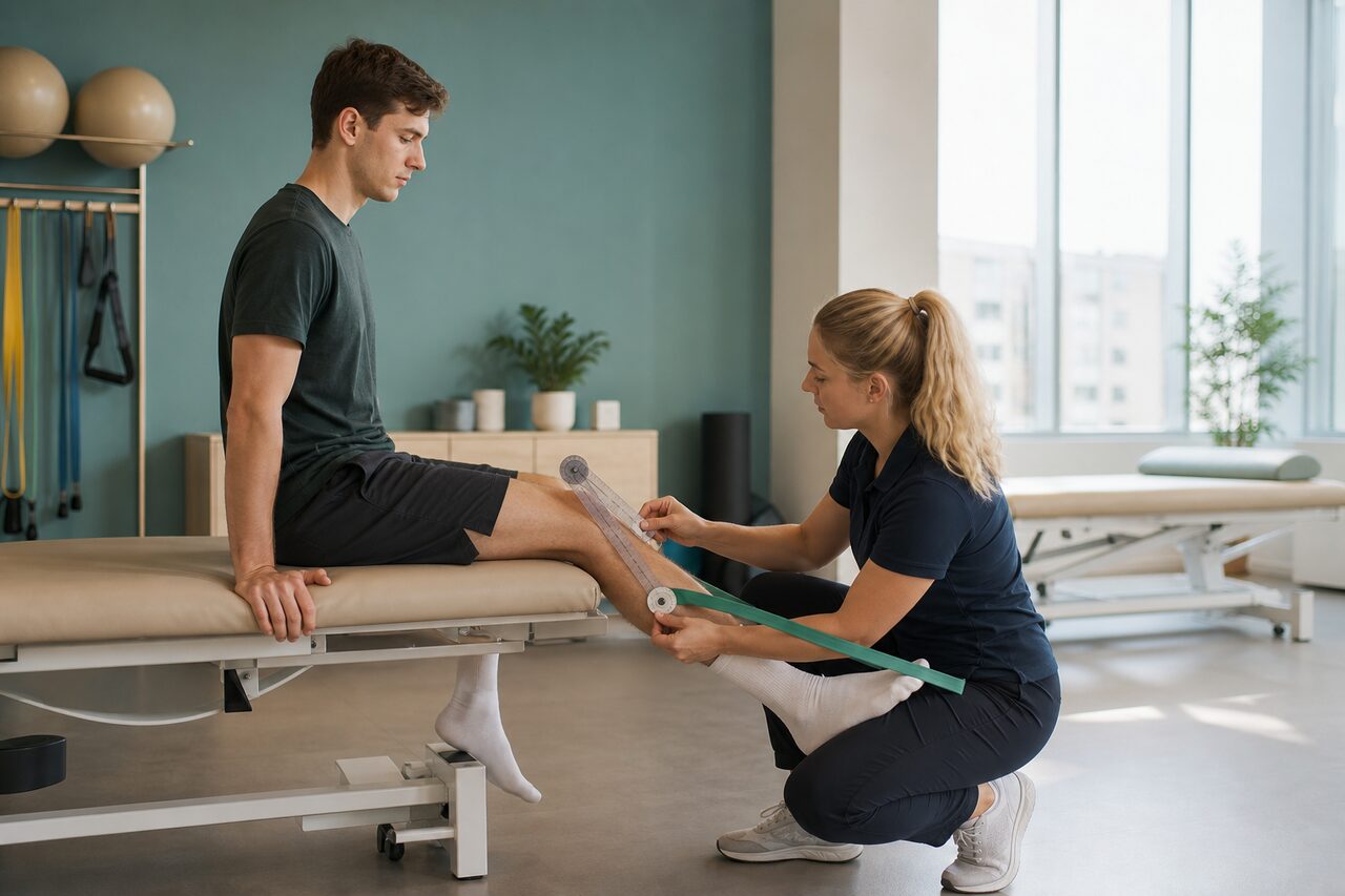 Kinesitherapeute mesurant l'amplitude du genou d'un patient assis sur une table de reeducation