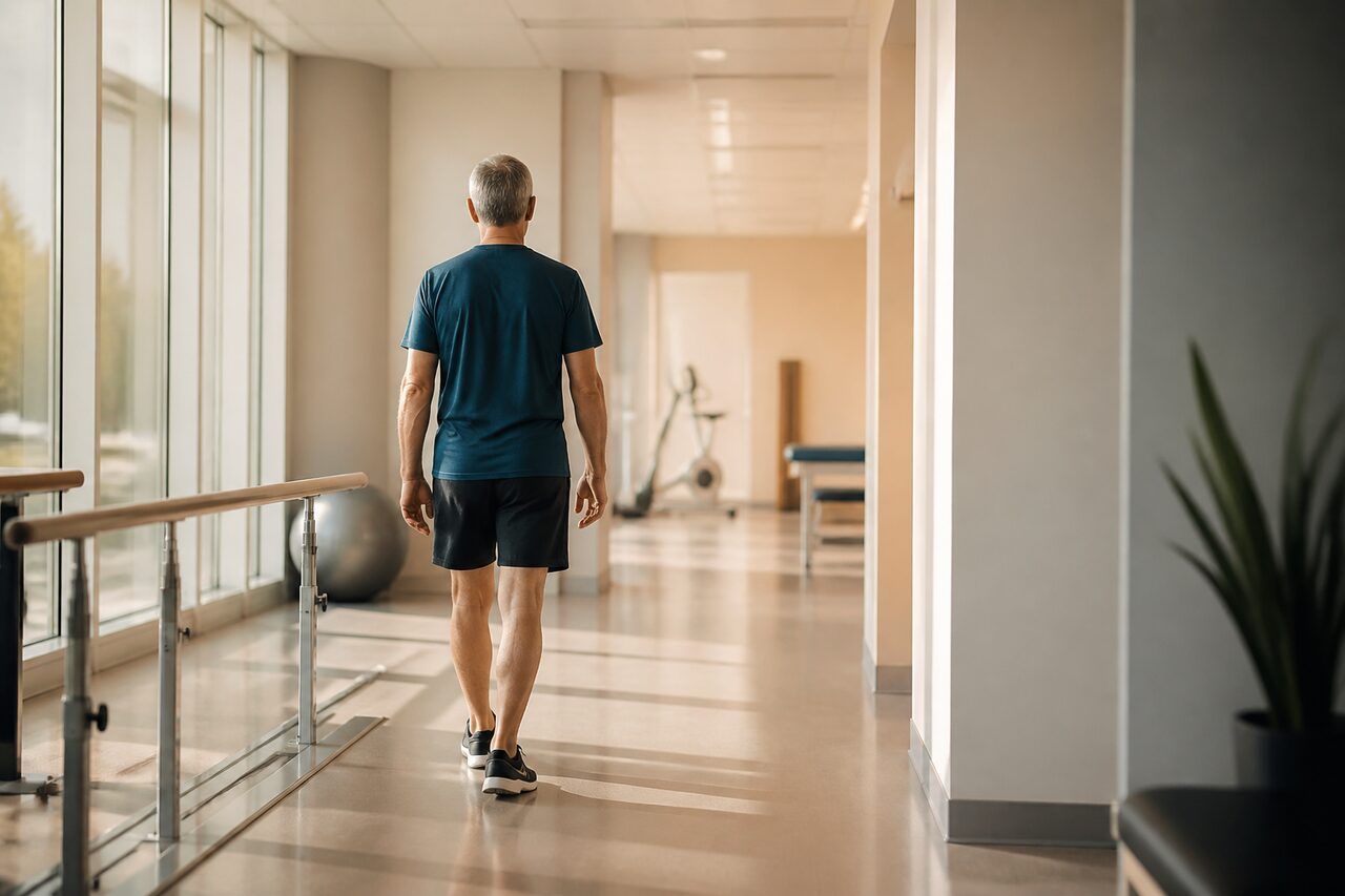 Personne en tenue de sport marchant dans le couloir lumineux d'un centre de rééducation