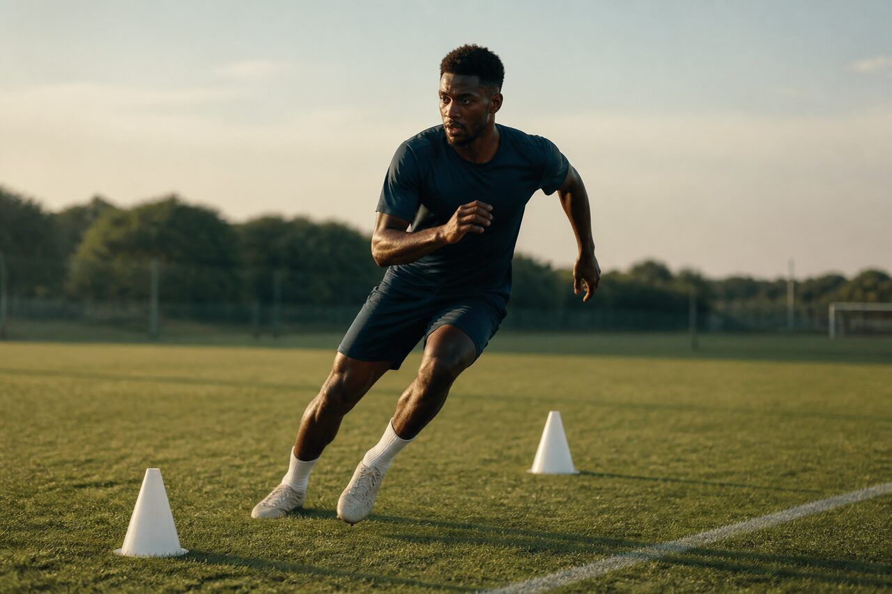Footballeur en plein changement de direction entre des plots sur un terrain en herbe