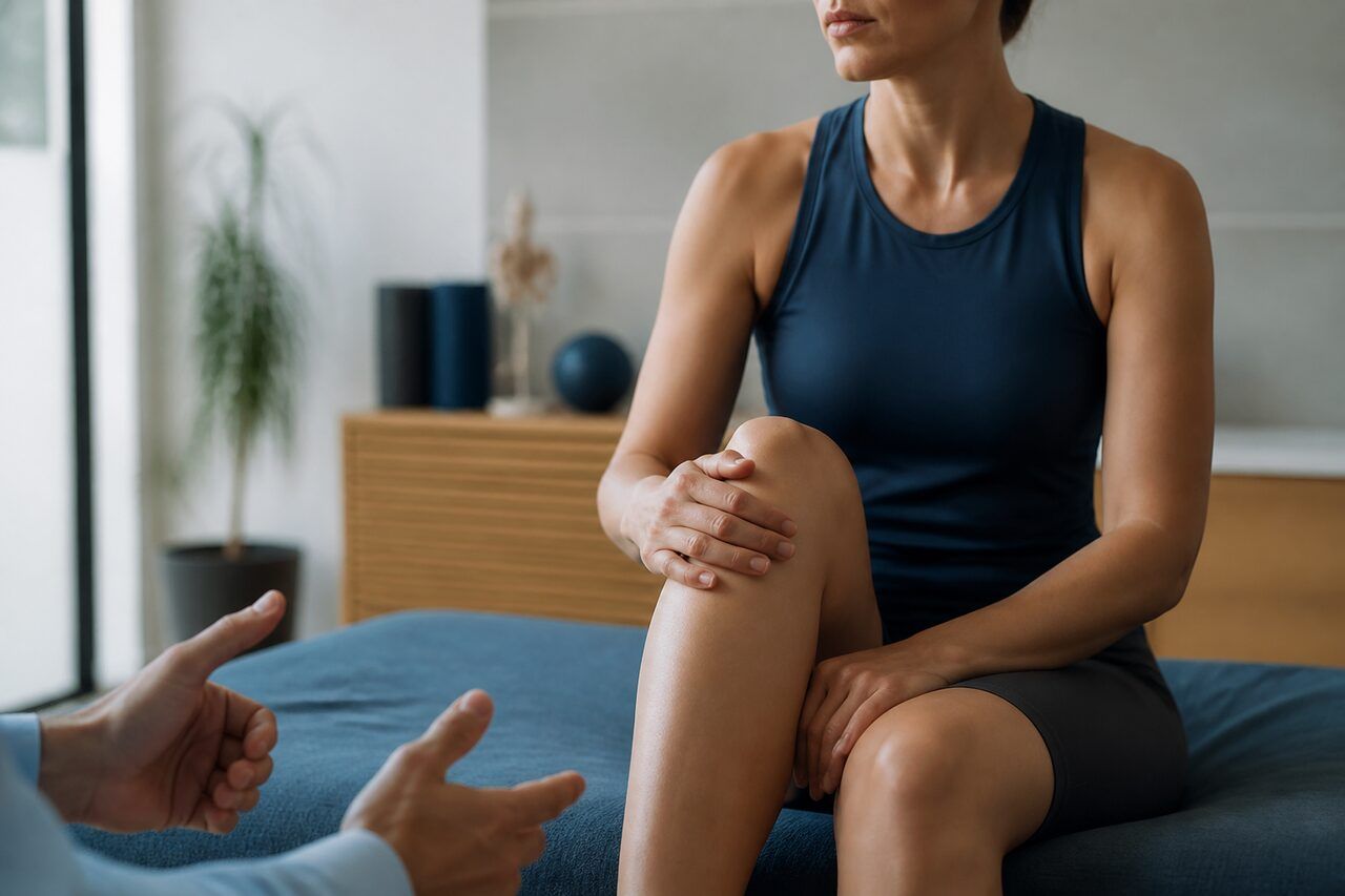 Personne en tenue de sport assise sur une table de kinésithérapie, la main posée sur son genou