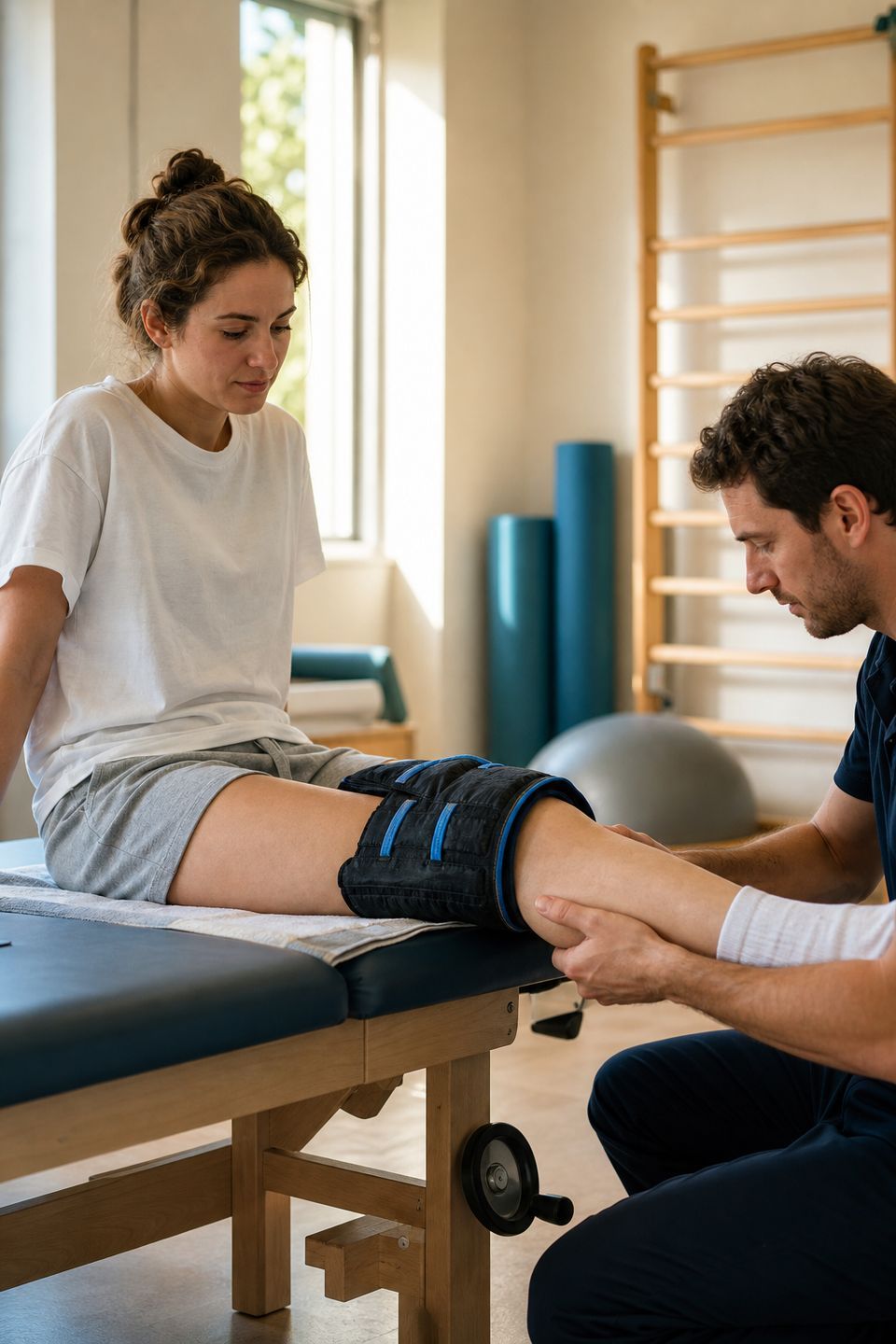 Kinésithérapeute mobilisant le genou d'une patiente portant une attelle avant la ligamentoplastie