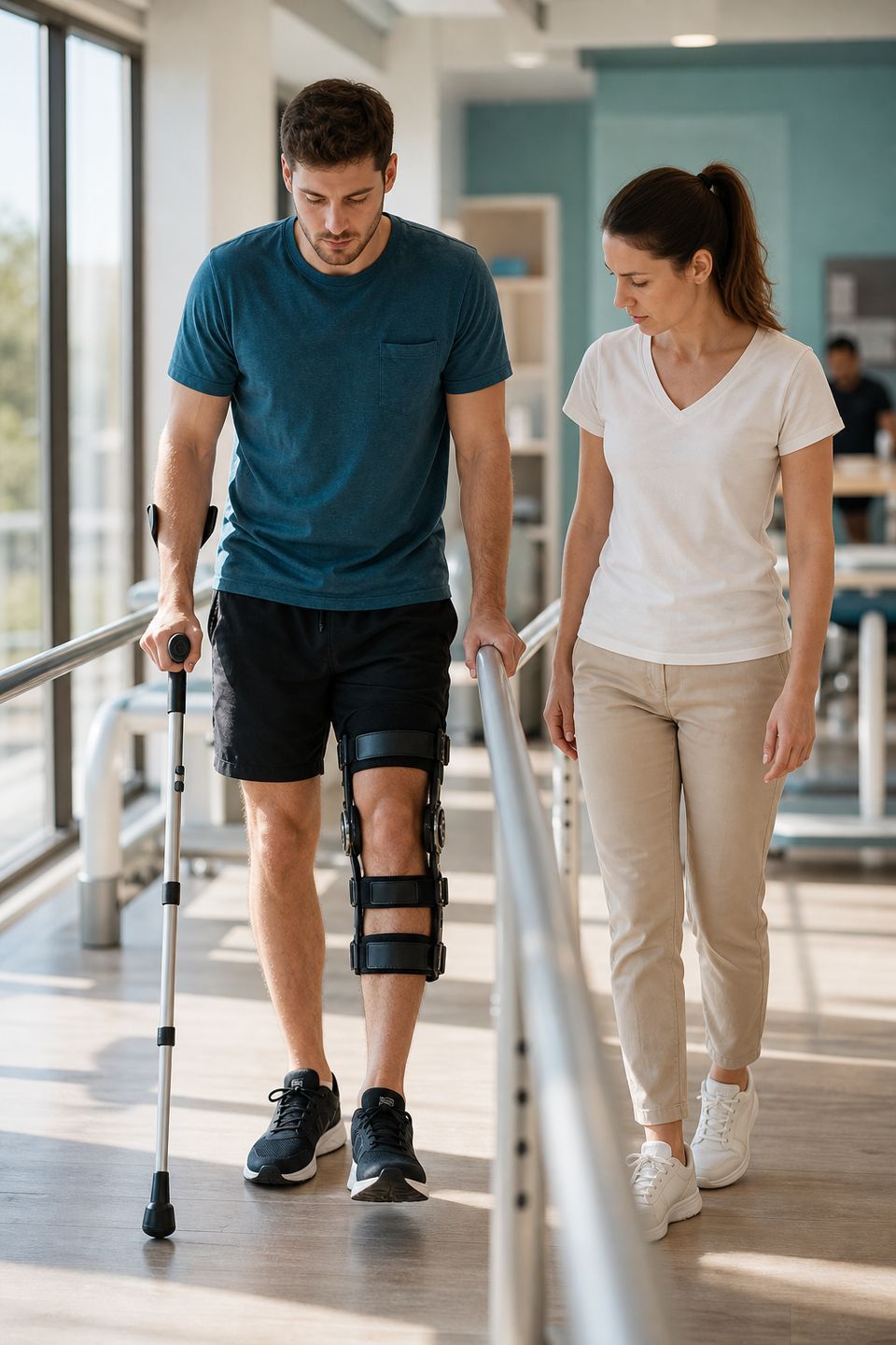 Patient marchant avec des cannes et une attelle entre les barres parallèles d'un cabinet de rééducation