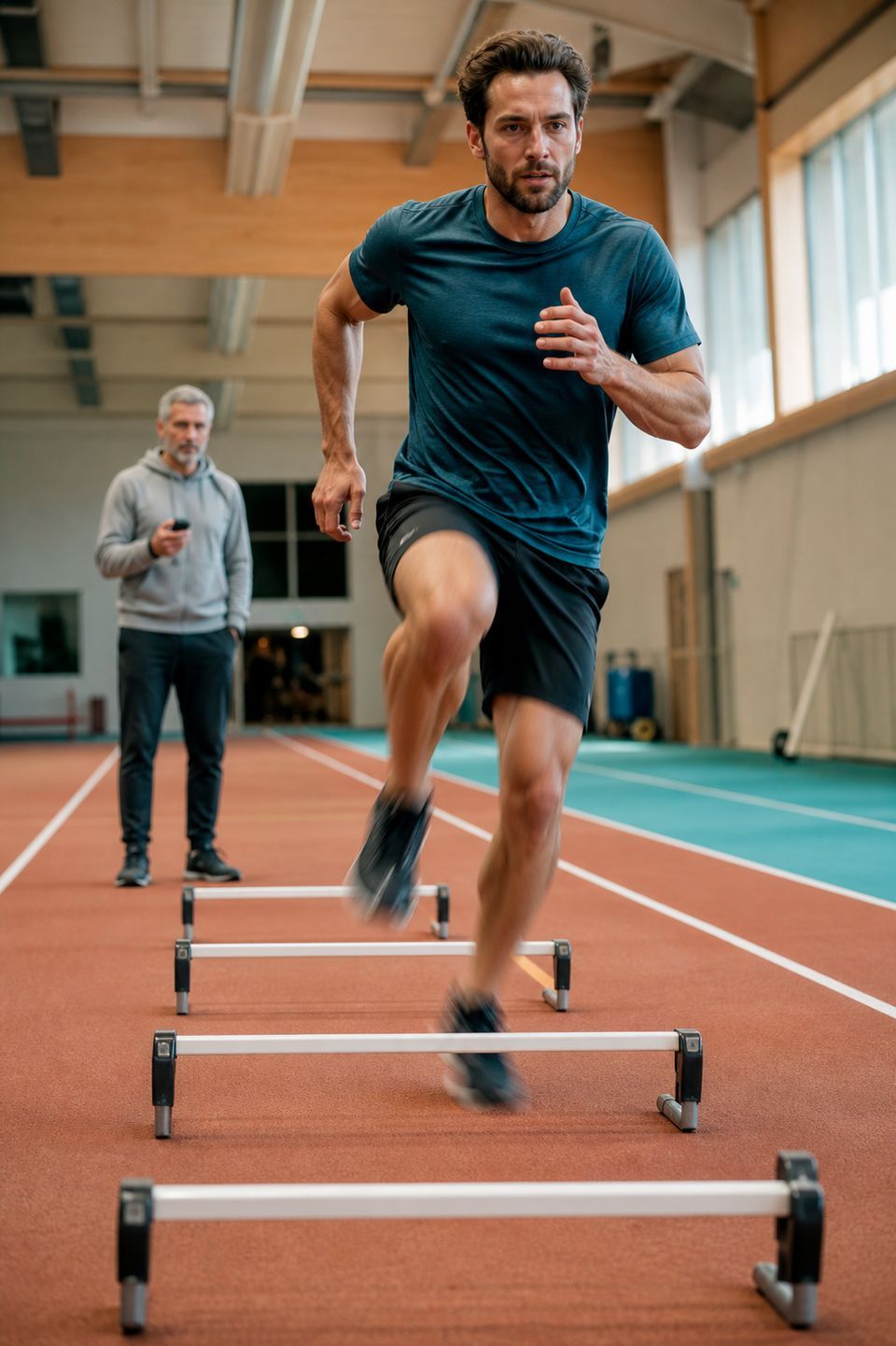Coureur franchissant des haies basses sur une piste, chronométré par son préparateur