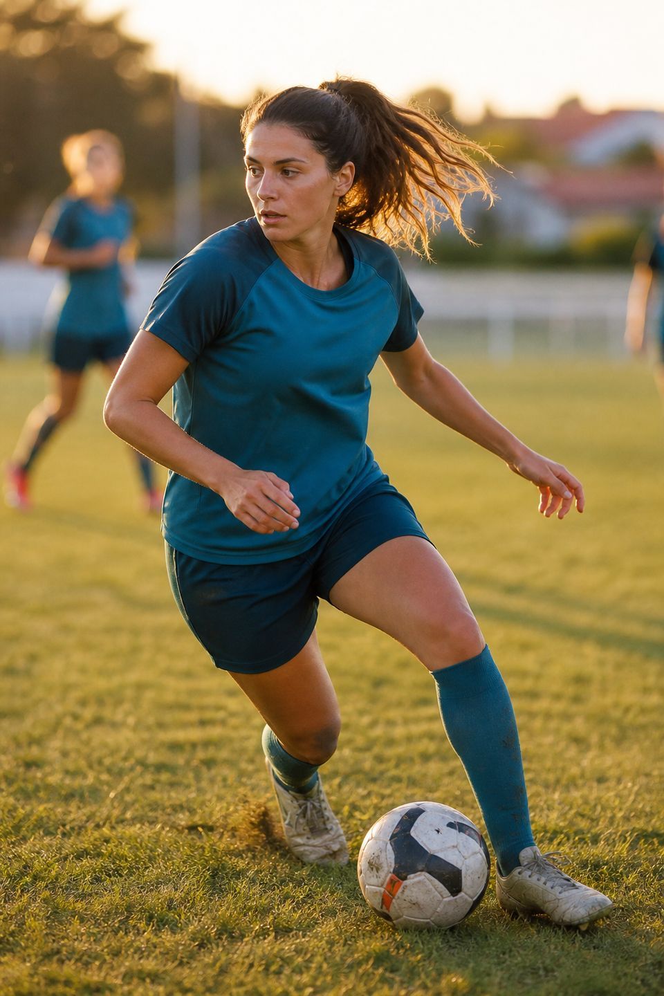 Footballeuse conduisant un ballon sur un terrain, genou protégé par une chaussette de contention