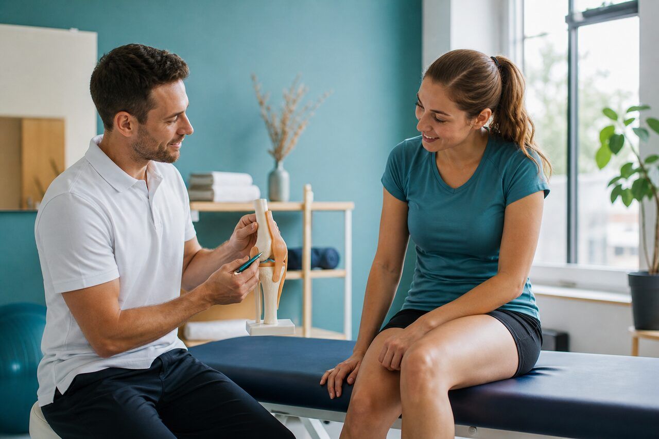Un kinésithérapeute explique un exercice de genou à une patiente assise sur une table de soin